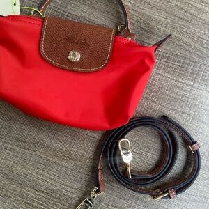 Longchamp Red Crossbody Bag With Brown Handle
